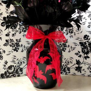 7.75" Black Glass Vase w/ Red Lace Bow & Bats •Gothic Coffee Table Centerpiece